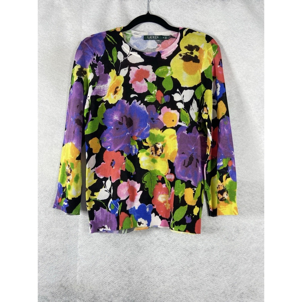 Lauren Ralph Lauren Sweater Women's M Purple Black Pullover Long Sleeve Floral